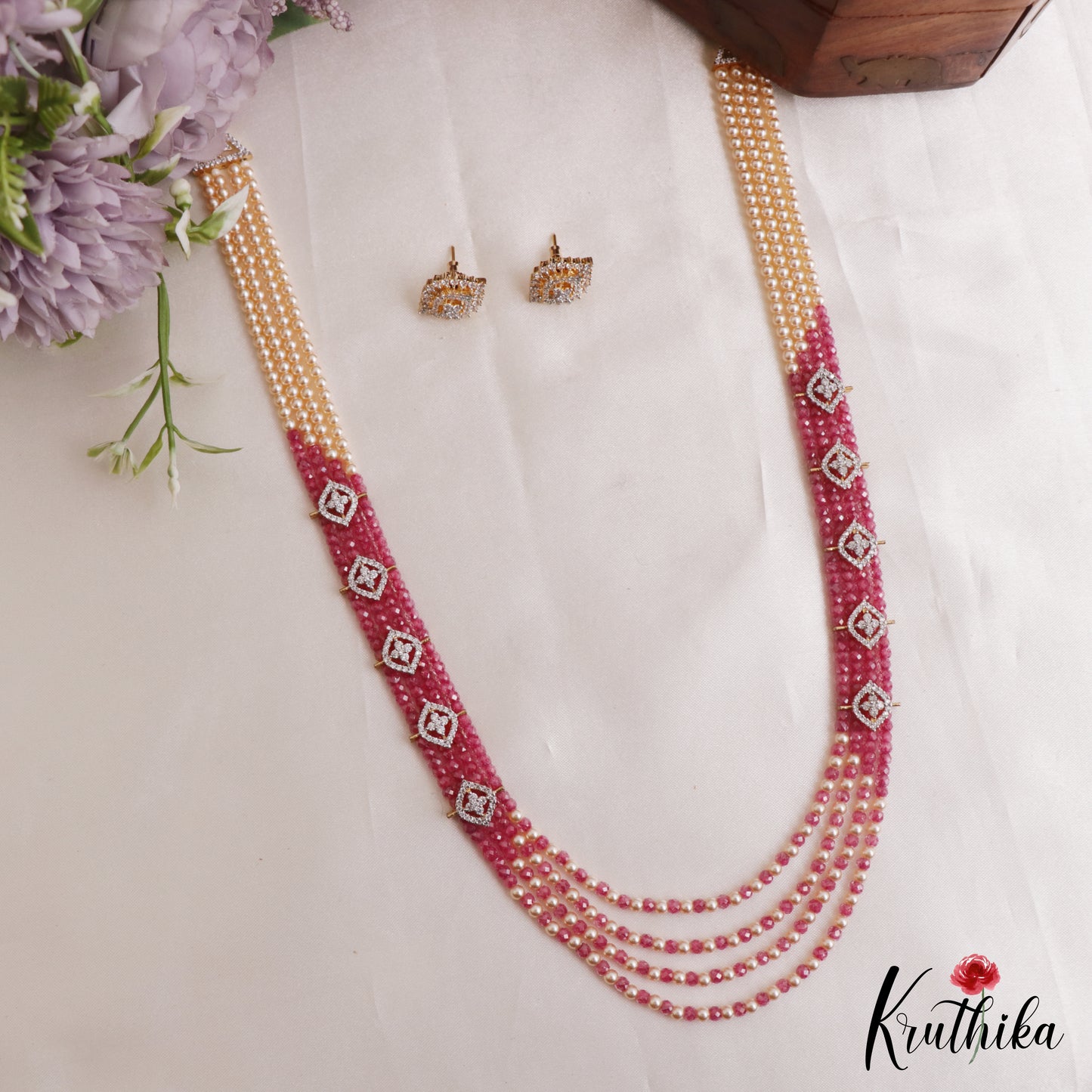 Classic Multi Layered Crystal & Pearl Haaram With Floral Accents LH2128 (Available In 8 Colors)