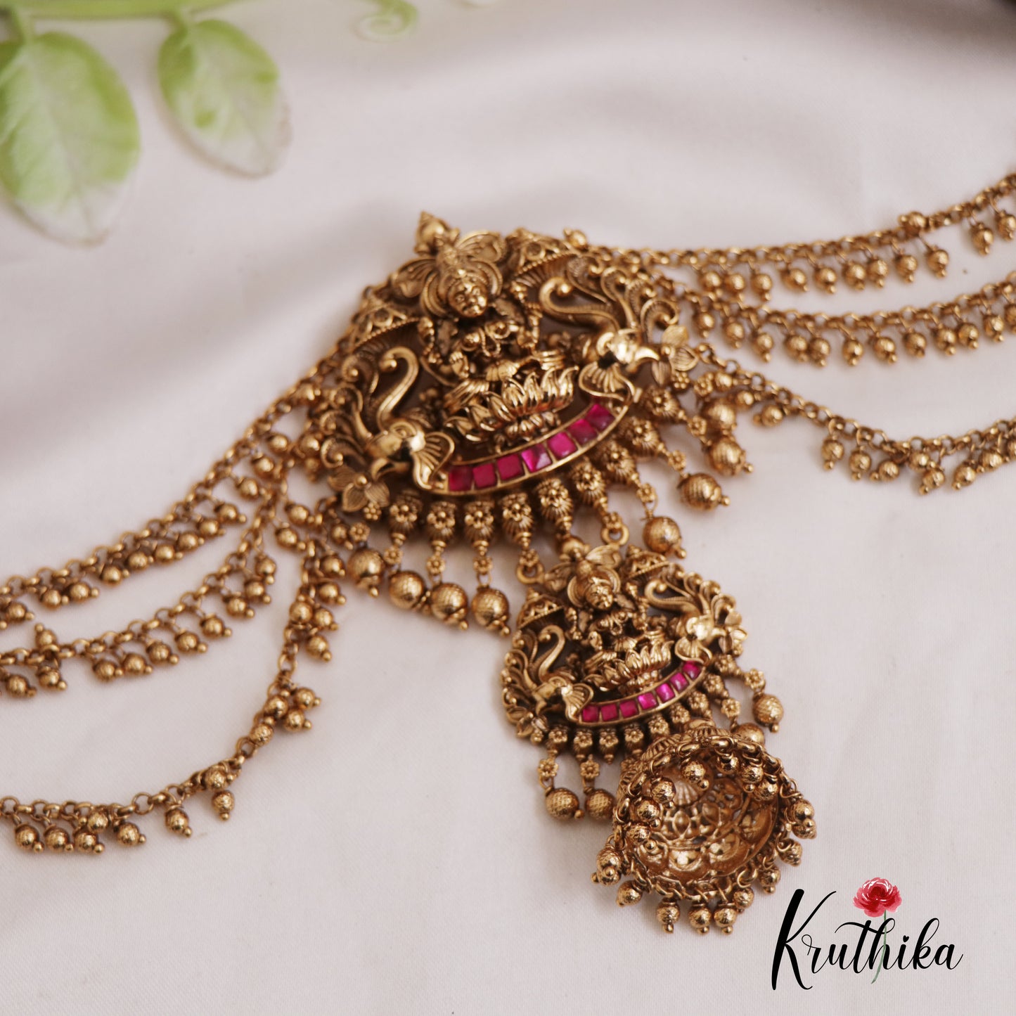 Stunning Nagas Lakshmi Jhumka Jadau Jada Billa With Triple Strand Bead Chains J333 (Available In 2 Colors)