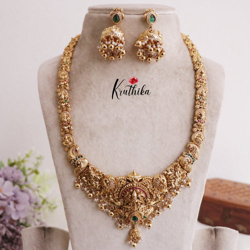 Grand Traditional Temple Lakshmi and Peacock Design Jadau Haaram LH1894 (Available in 2 Colours Beads)
