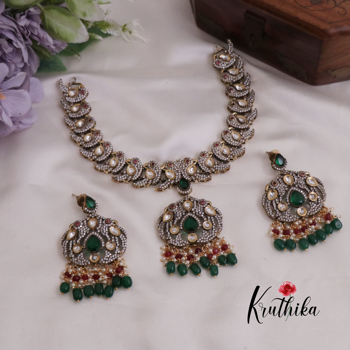 Beautiful Antique Victorian Kundan Necklace Parrot Necklace with Beads Drops NC2365