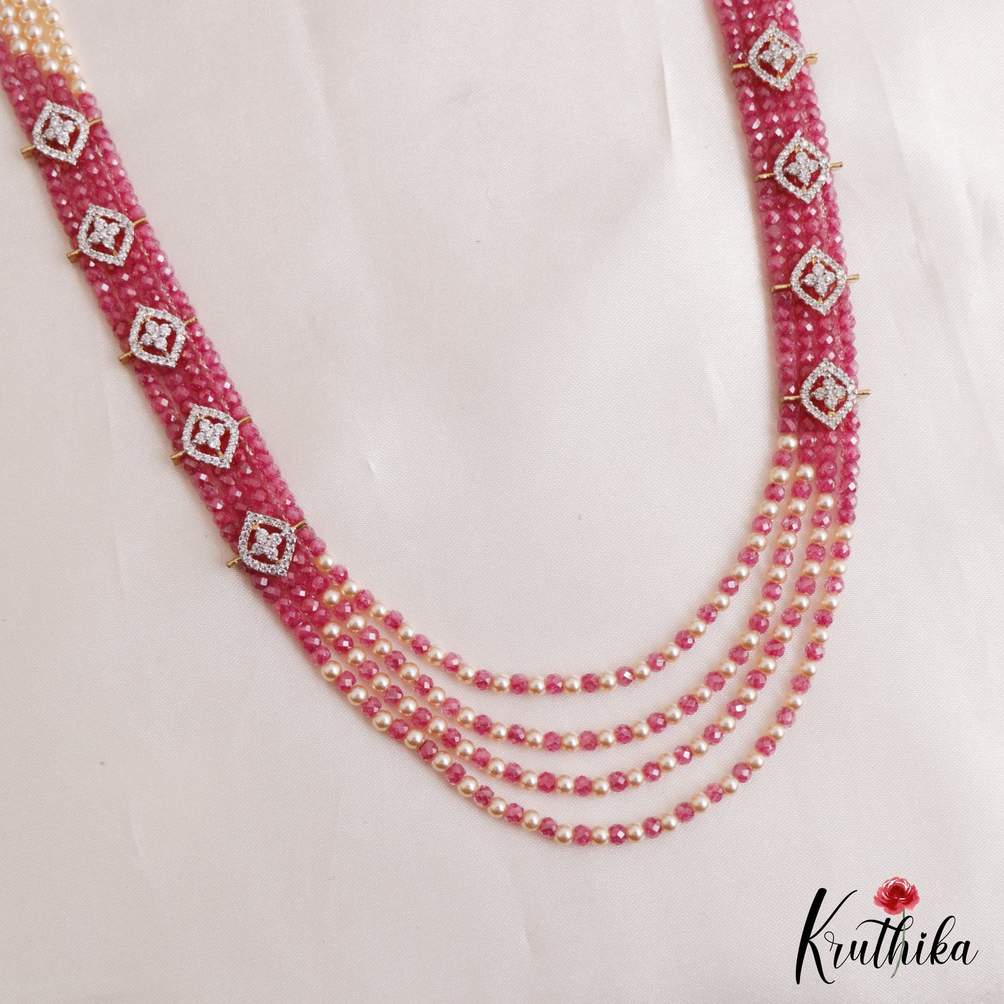 Classic Multi Layered Crystal & Pearl Haaram With Floral Accents LH2128 (Available In 8 Colors)