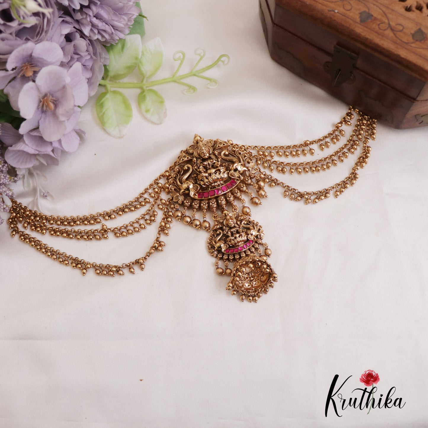 Stunning Nagas Lakshmi Jhumka Jadau Jada Billa With Triple Strand Bead Chains J333 (Available In 2 Colors)