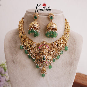 Grand Traditional Temple Lakshmi and Peacock Design Jadau Necklace NC2016 (Available in 2 Colours Beads)