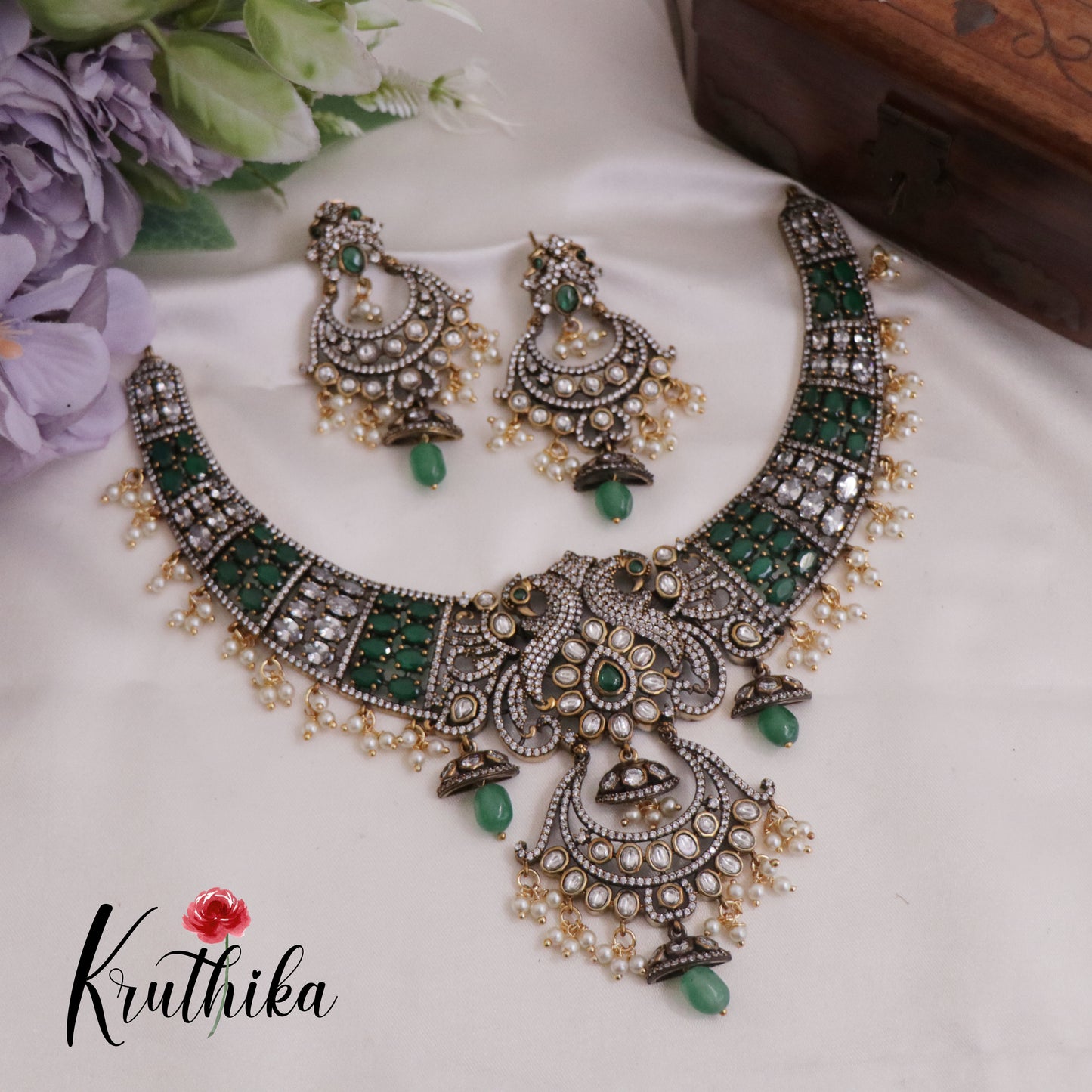 Simple Trendy Antique Victorian Finish Kundan Peacock Necklace NC2367