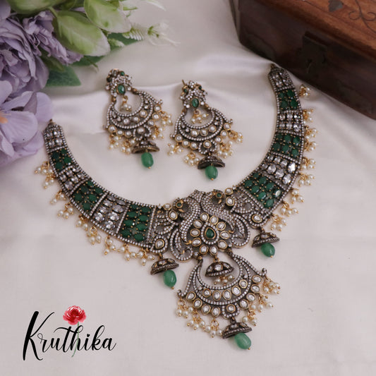 Simple Trendy Antique Victorian Finish Kundan Peacock Necklace NC2367