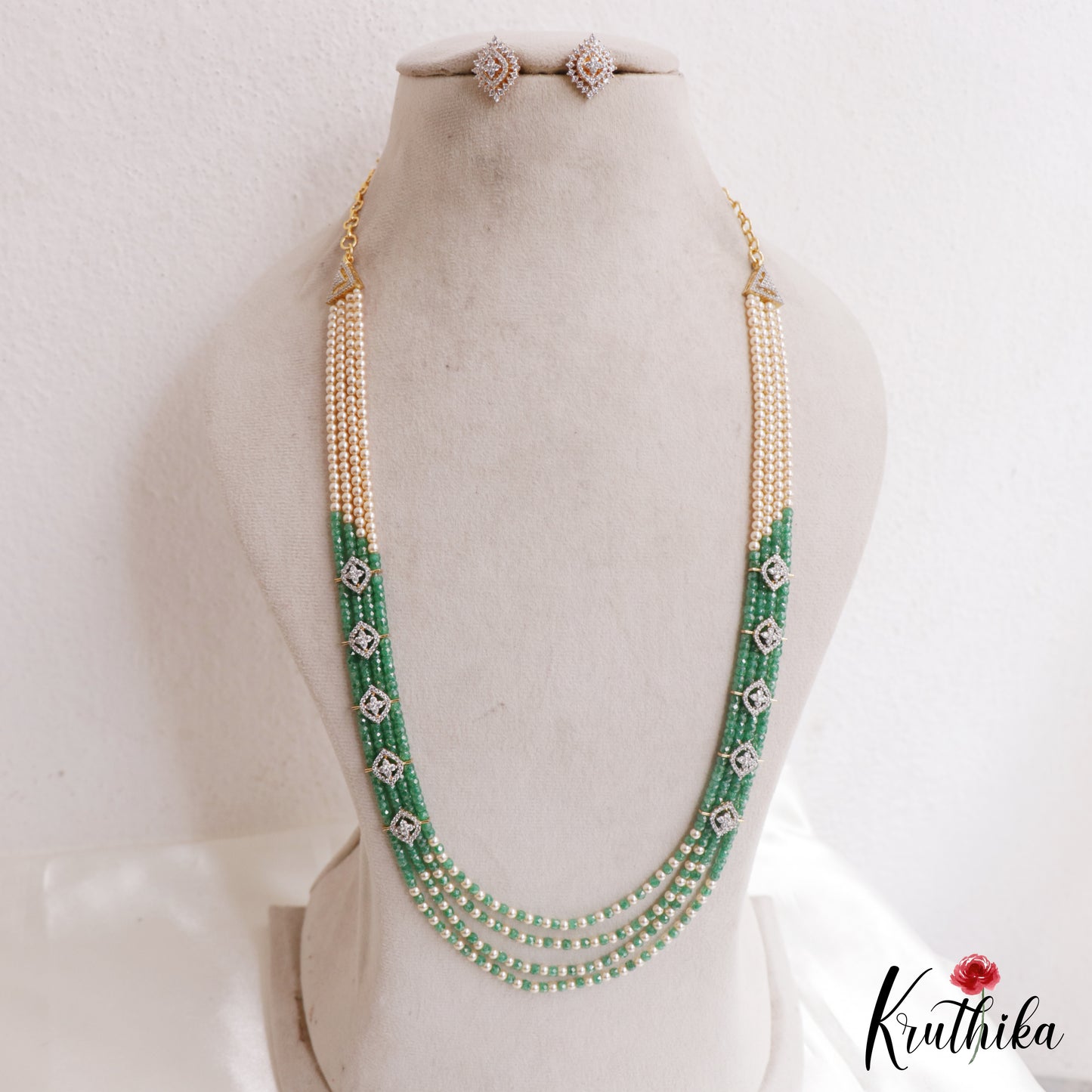 Classic Multi Layered Crystal & Pearl Haaram With Floral Accents LH2128 (Available In 8 Colors)