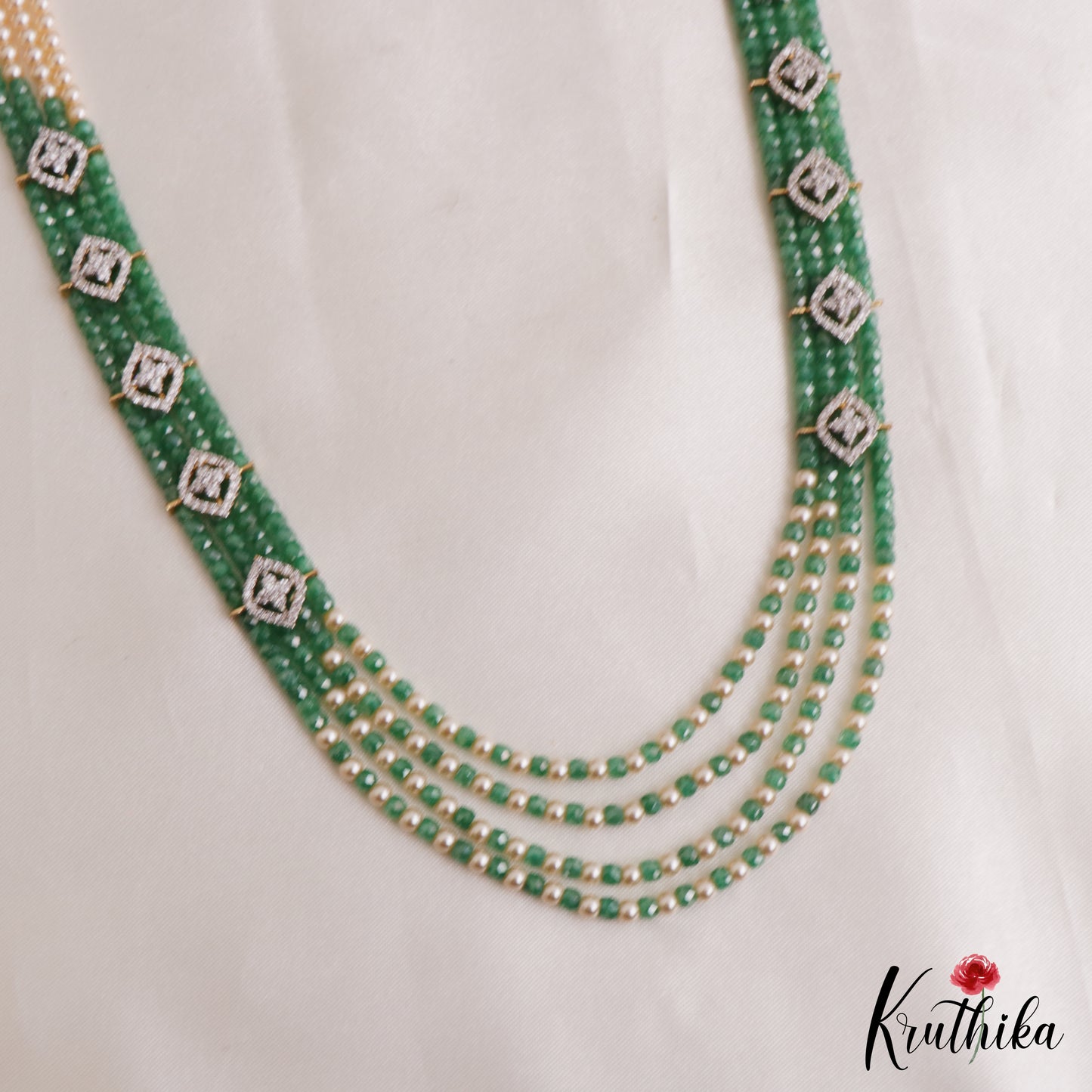 Classic Multi Layered Crystal & Pearl Haaram With Floral Accents LH2128 (Available In 8 Colors)