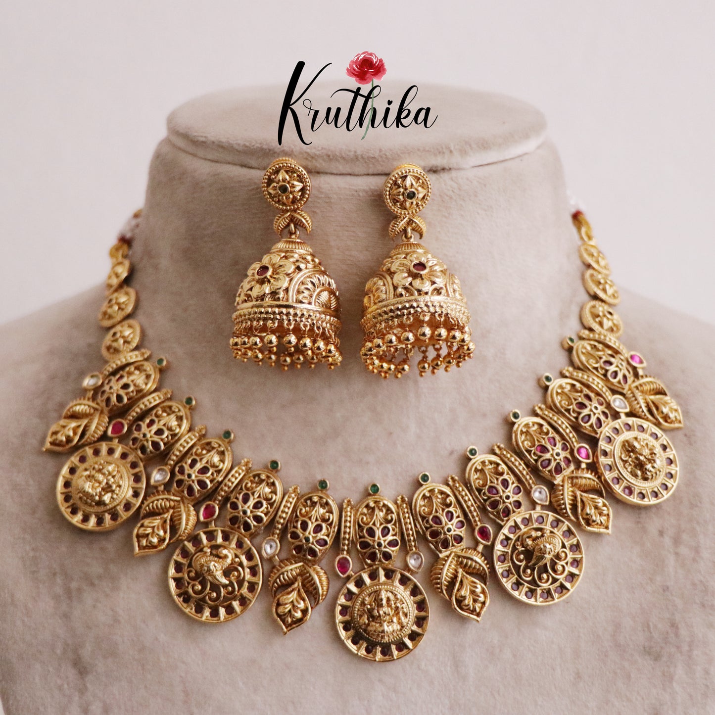 Elegant Lakshmi with Peacock Design Coin Jadau Necklace Set NC2035
