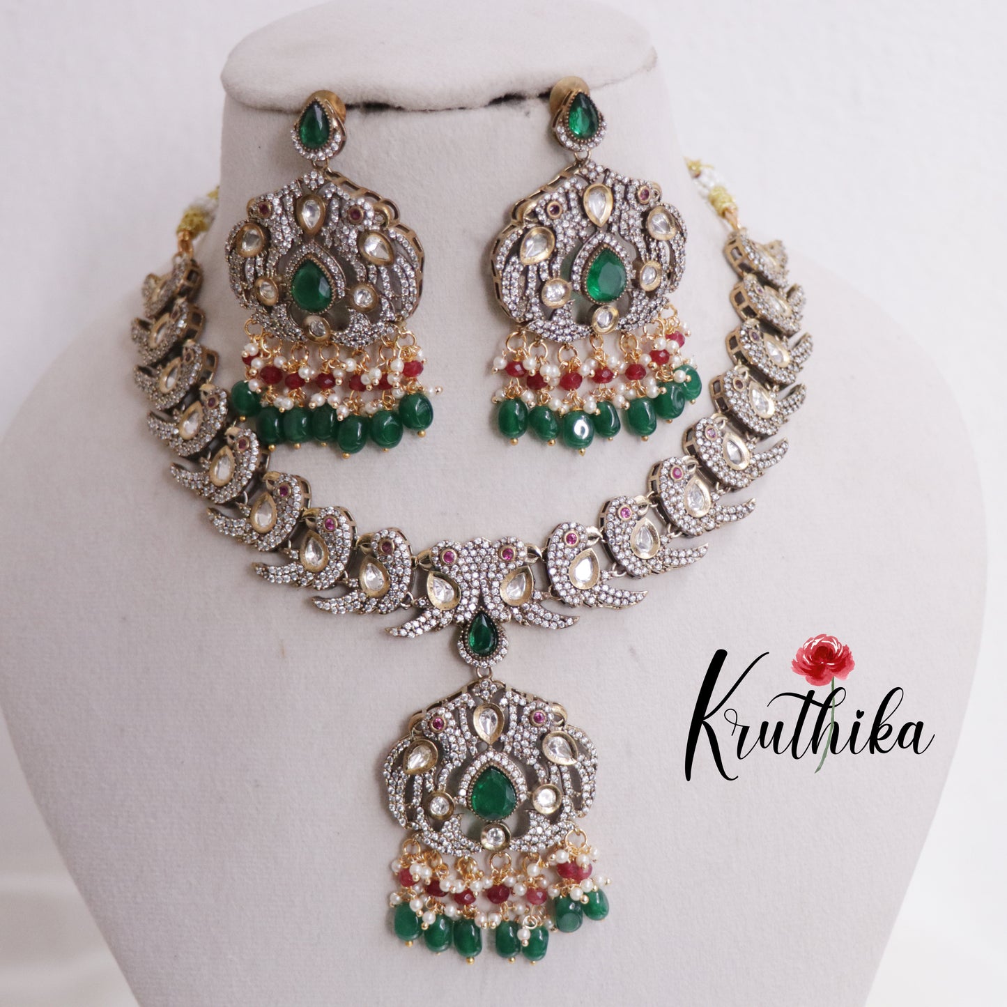 Beautiful Antique Victorian Kundan Necklace Parrot Necklace with Beads Drops NC2365