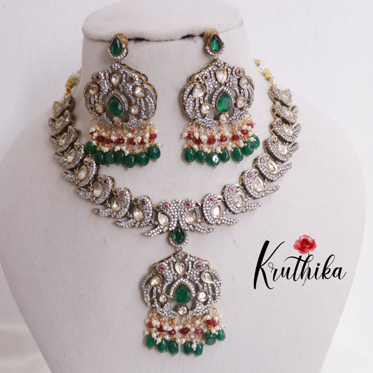 Beautiful Antique Victorian Kundan Necklace Parrot Necklace with Beads Drops NC2365