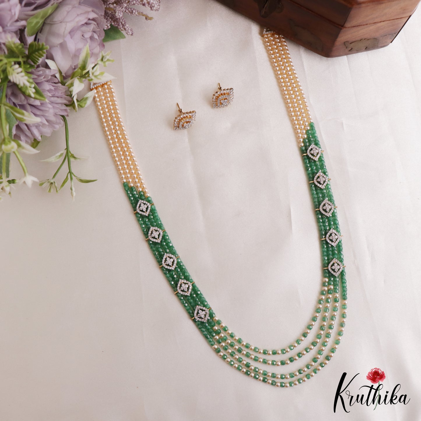 Classic Multi Layered Crystal & Pearl Haaram With Floral Accents LH2128 (Available In 8 Colors)