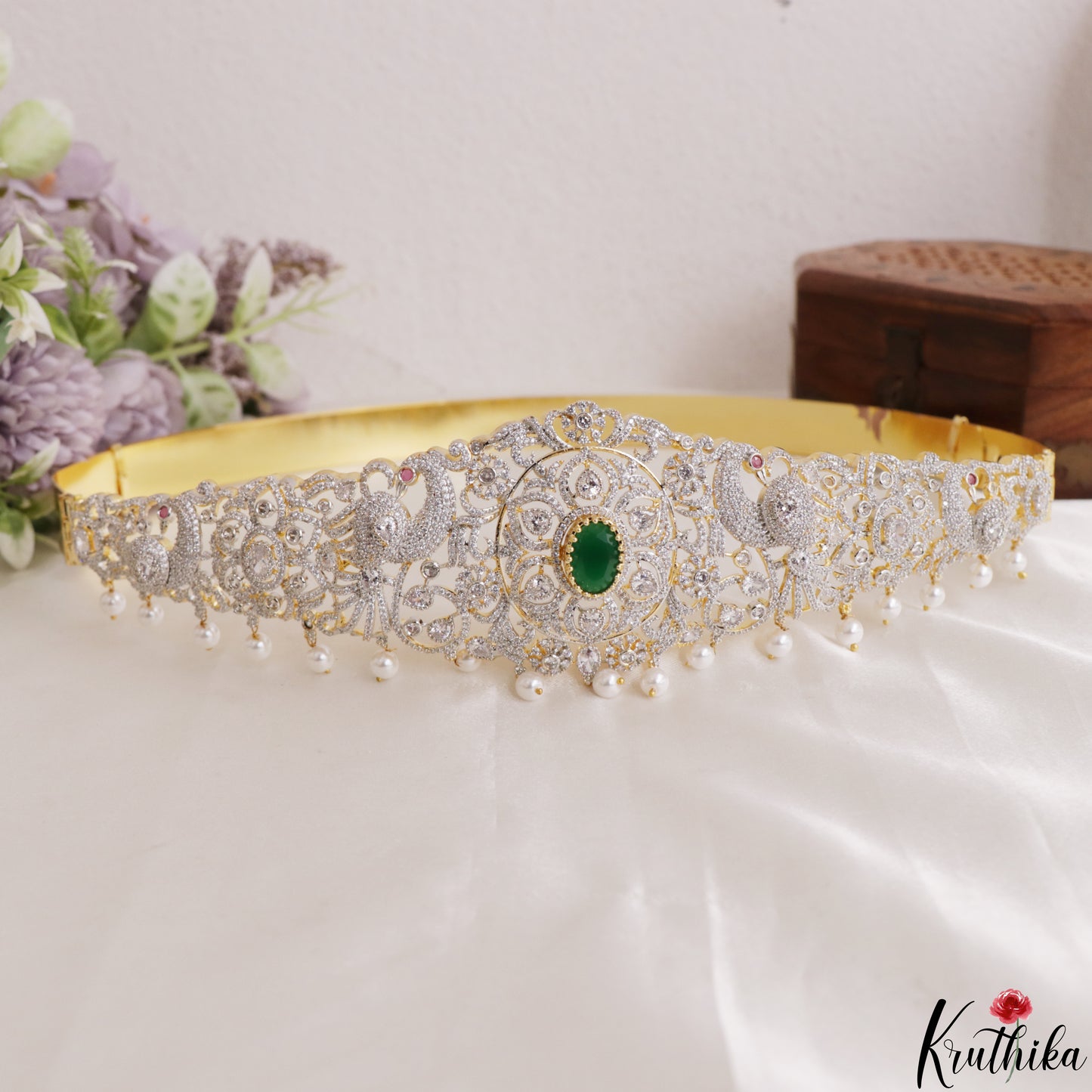Stunning Peacock Floral Motifs CZ Hip Belt With Interchangeable Stones V387