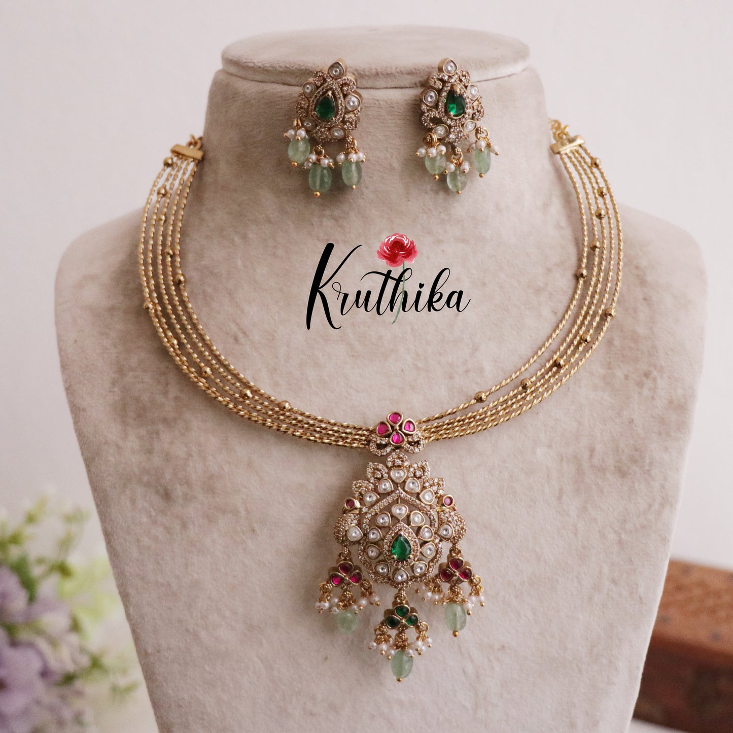 Trendy Victorian Peacock Hasli Emerald Necklace NC2023 (Available in 2 Colours Beads)