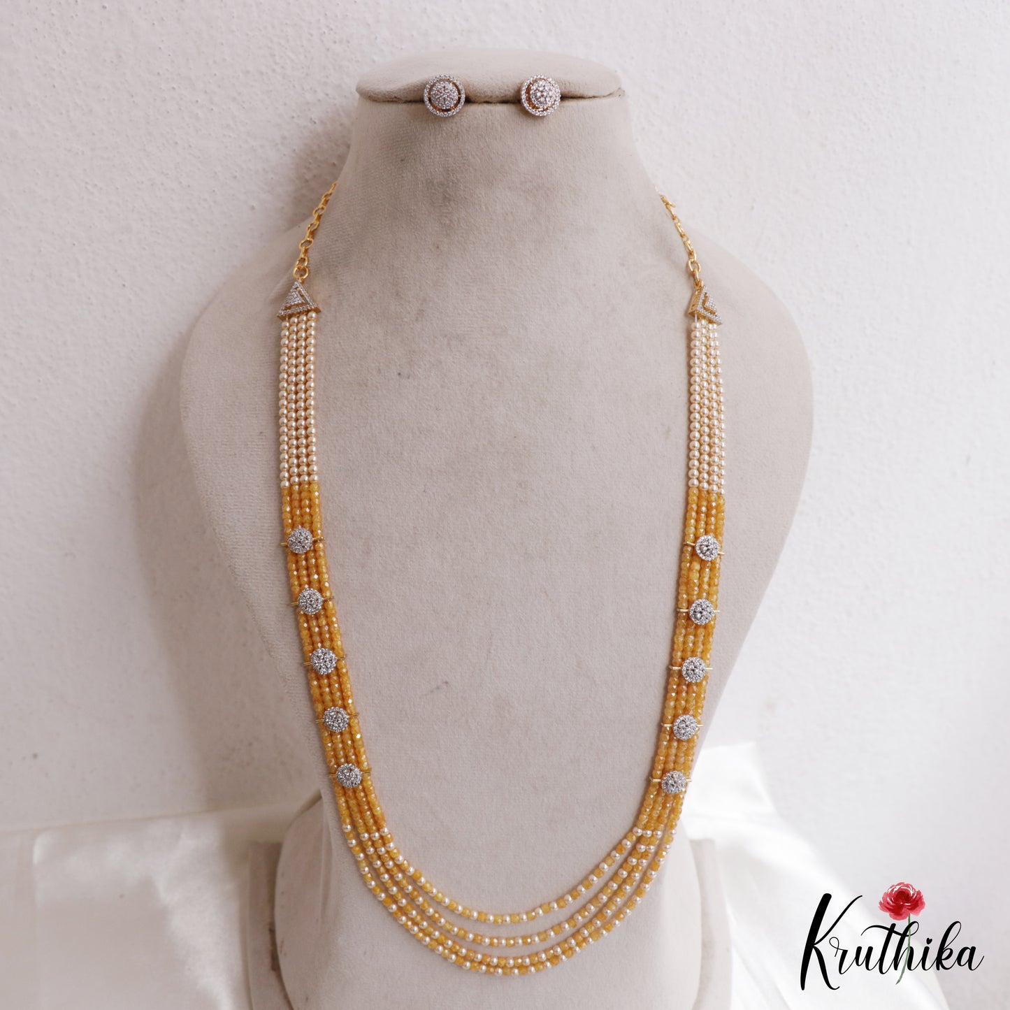 Sparkling Multi Layered Crystal & Pearl Haaram With Floral Accents LH2127 (Available In 7 Colors)