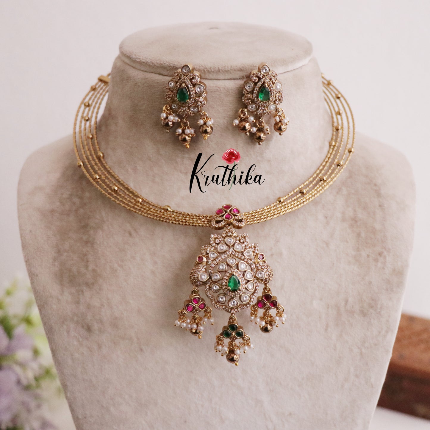 Trendy Victorian Peacock Hasli Emerald Necklace NC2023 (Available in 2 Colours Beads)