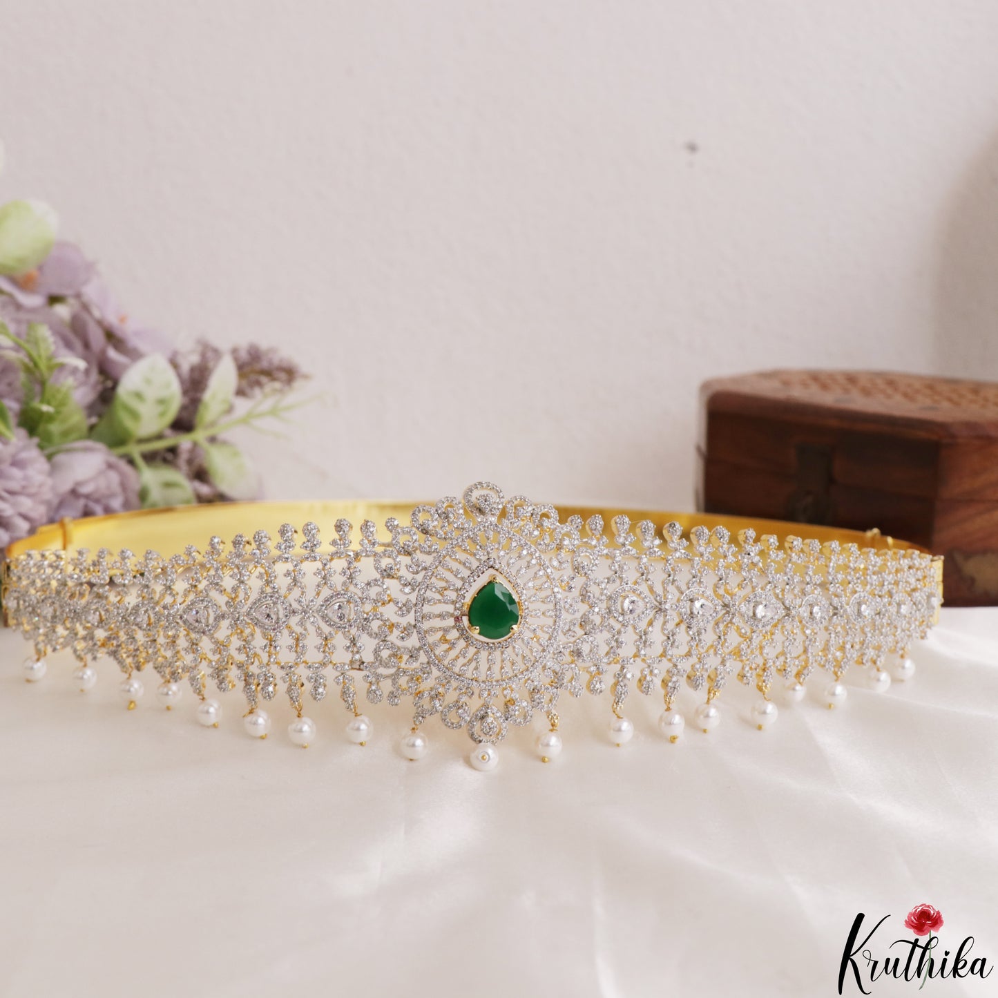 Sparkling Teardrop Motifs CZ Hip Belt With Interchangeable Stones V388