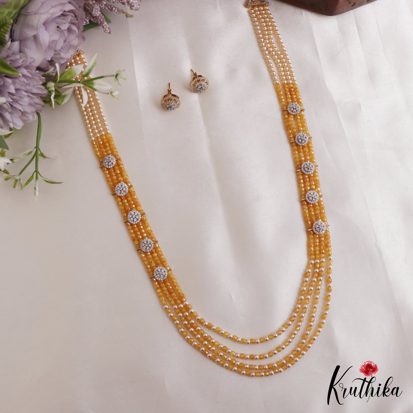 Sparkling Multi Layered Crystal & Pearl Haaram With Floral Accents LH2127 (Available In 7 Colors)