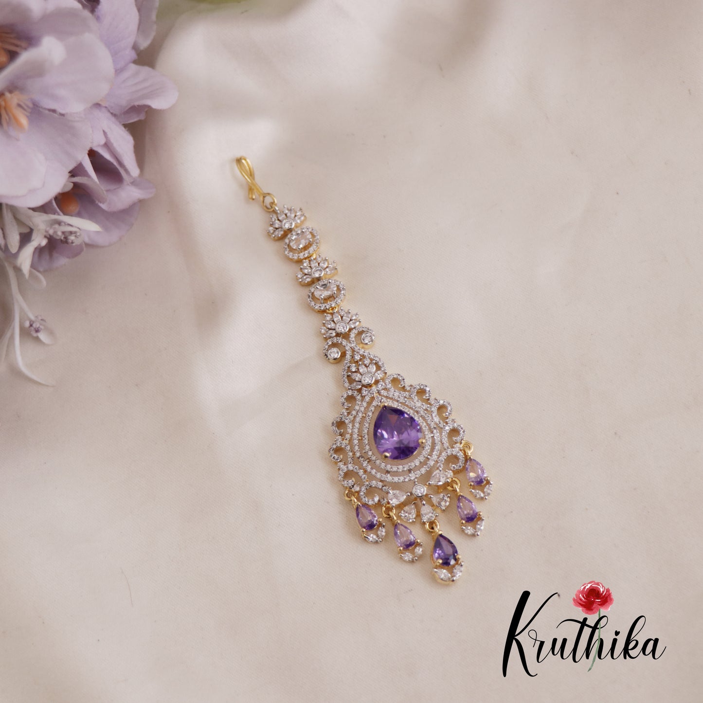 Beautiful CZ Floral Teardrop Motifs Maang Tikka MT323 (Available In 3 Colors)
