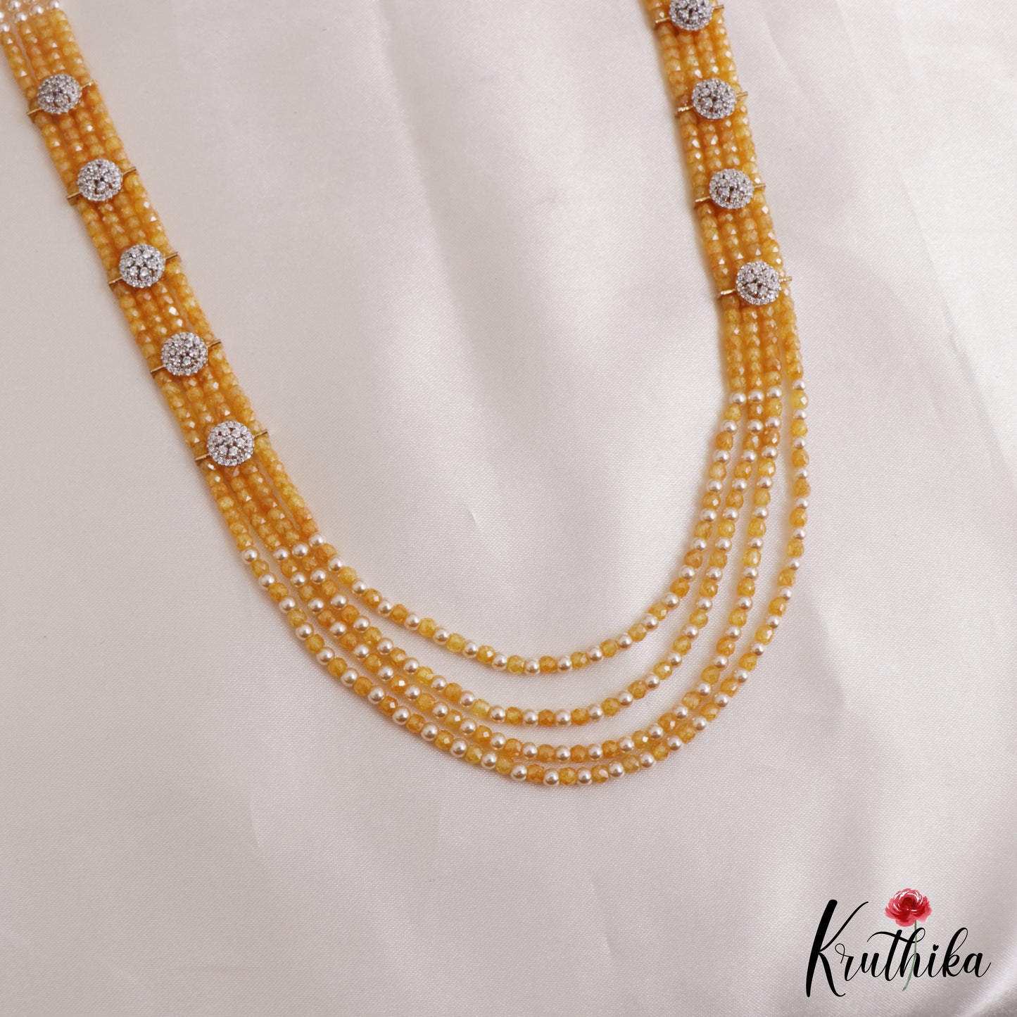 Sparkling Multi Layered Crystal & Pearl Haaram With Floral Accents LH2127 (Available In 7 Colors)