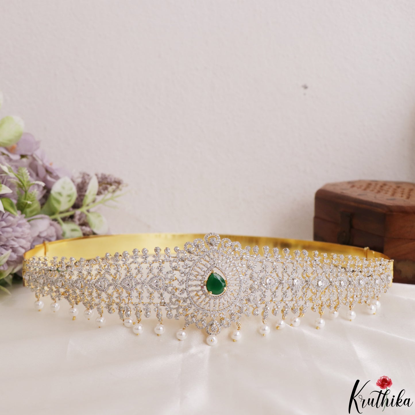 Sparkling Teardrop Motifs CZ Hip Belt With Interchangeable Stones V388