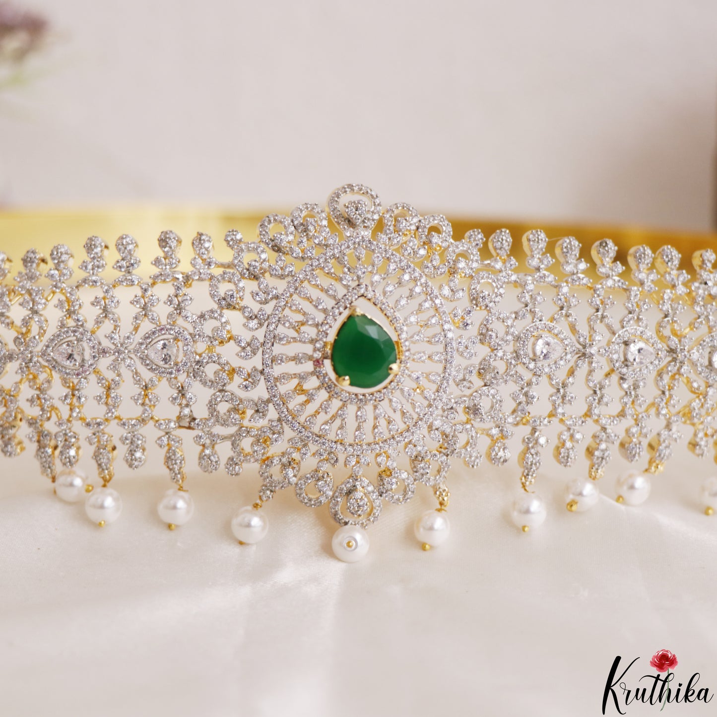 Sparkling Teardrop Motifs CZ Hip Belt With Interchangeable Stones V388