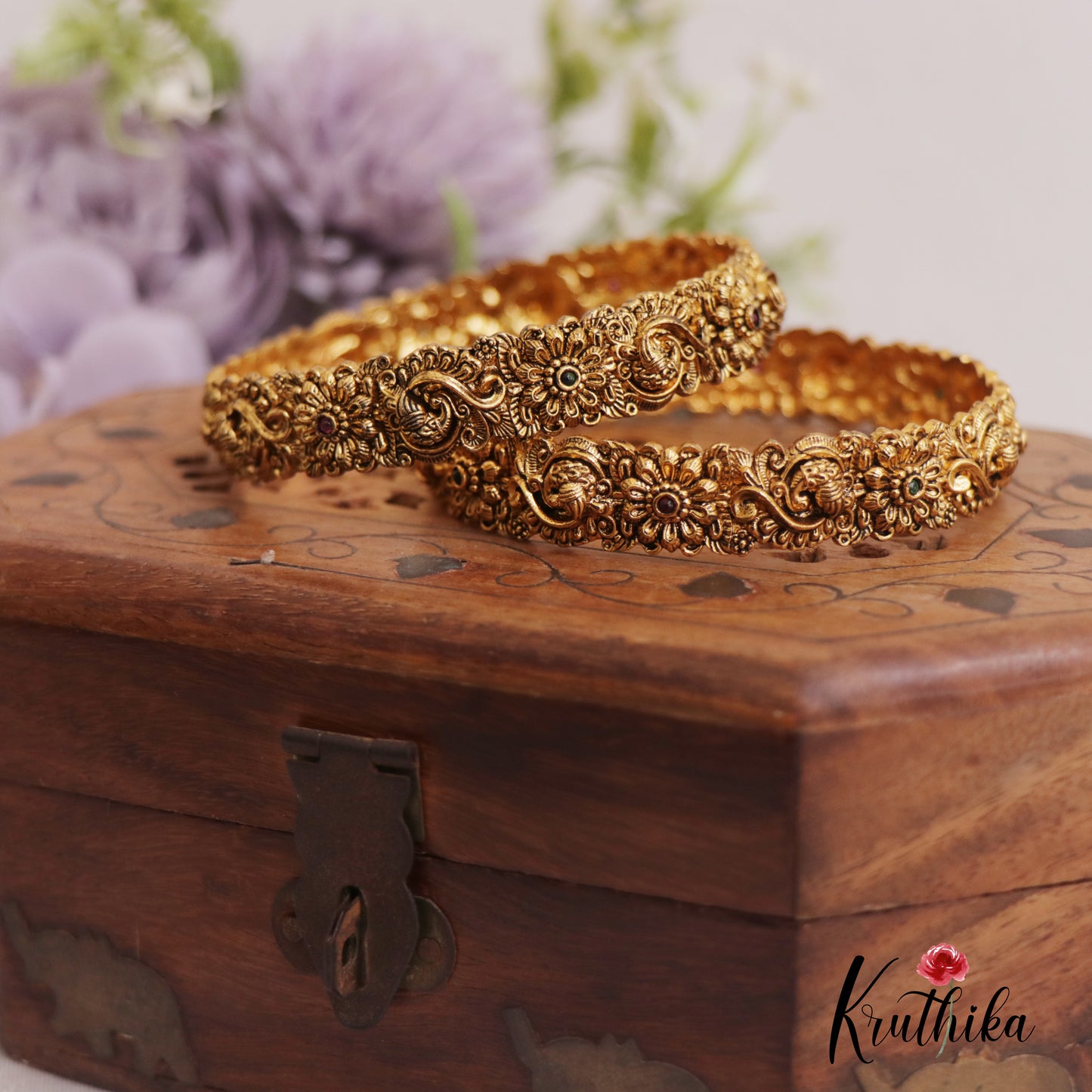 Elegant Antique Floral Peacock Motifs Bangles B449 (Set Of 2)