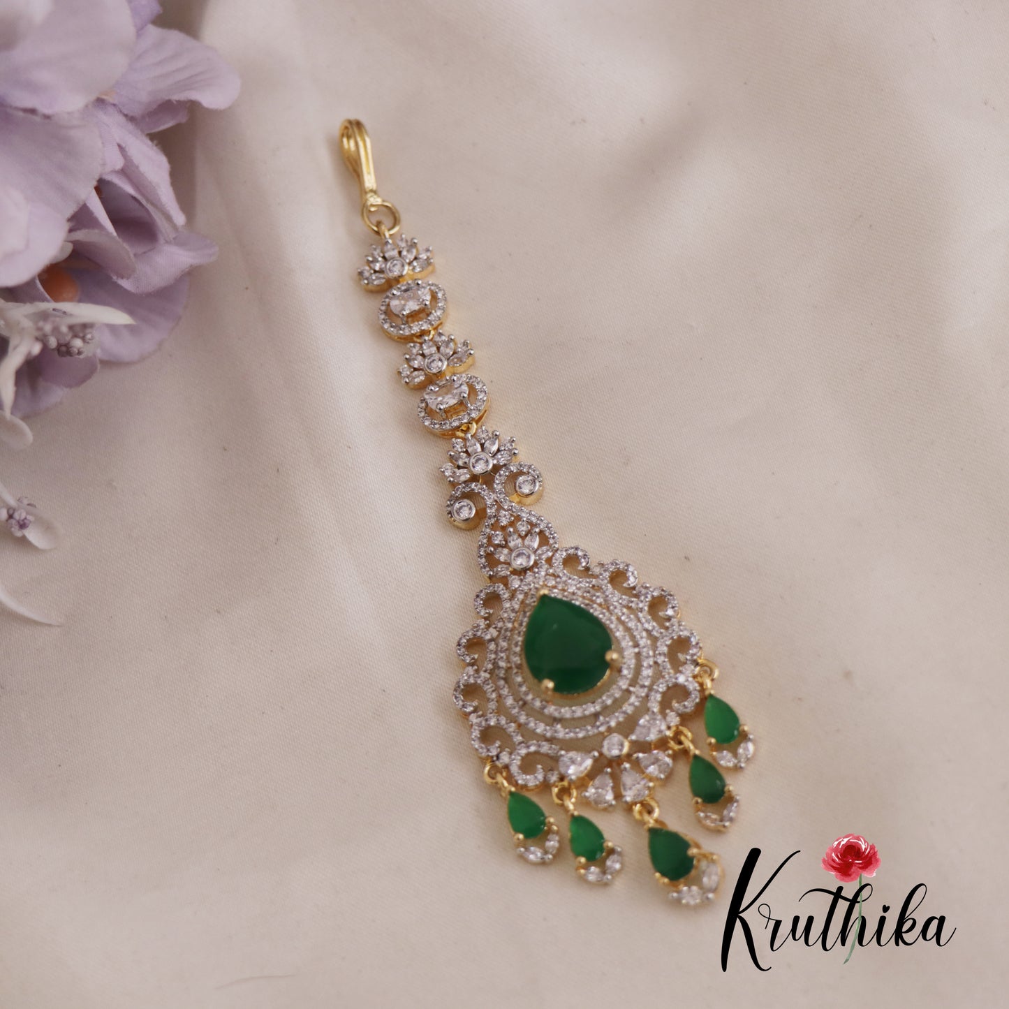 Beautiful CZ Floral Teardrop Motifs Maang Tikka MT323 (Available In 3 Colors)