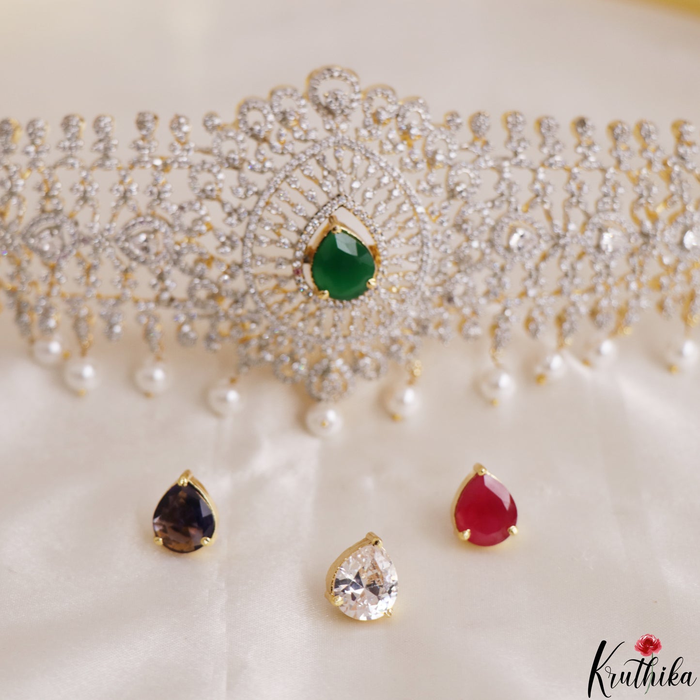 Sparkling Teardrop Motifs CZ Hip Belt With Interchangeable Stones V388