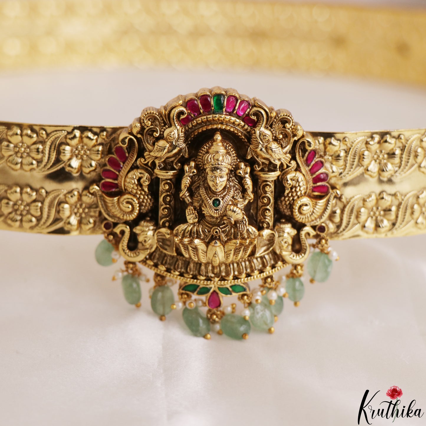 Premium Antique Nagas Lakshmi Peacock Motifs Hip Belt With Green Bead Drops V389