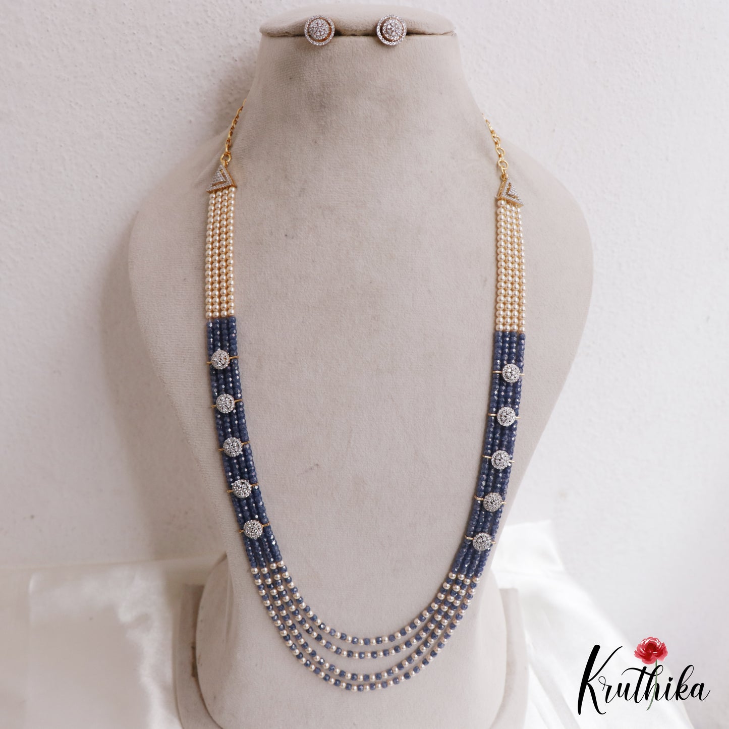 Sparkling Multi Layered Crystal & Pearl Haaram With Floral Accents LH2127 (Available In 7 Colors)