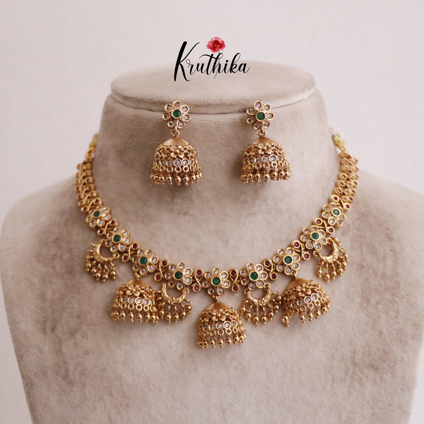 Beautiful AD Multi Stone Jhumka Pendants Floral necklace NC2054