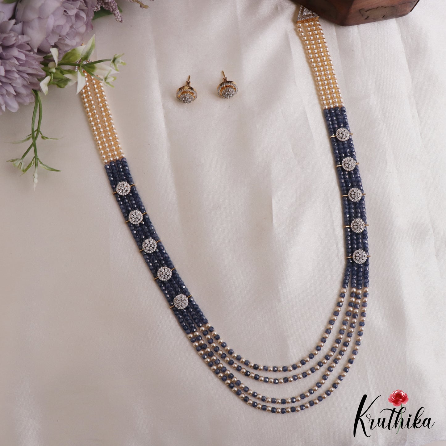 Sparkling Multi Layered Crystal & Pearl Haaram With Floral Accents LH2127 (Available In 7 Colors)