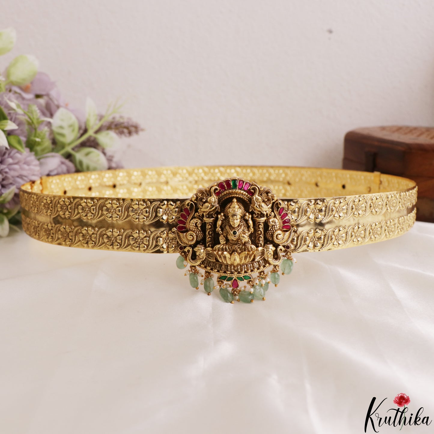 Premium Antique Nagas Lakshmi Peacock Motifs Hip Belt With Green Bead Drops V389