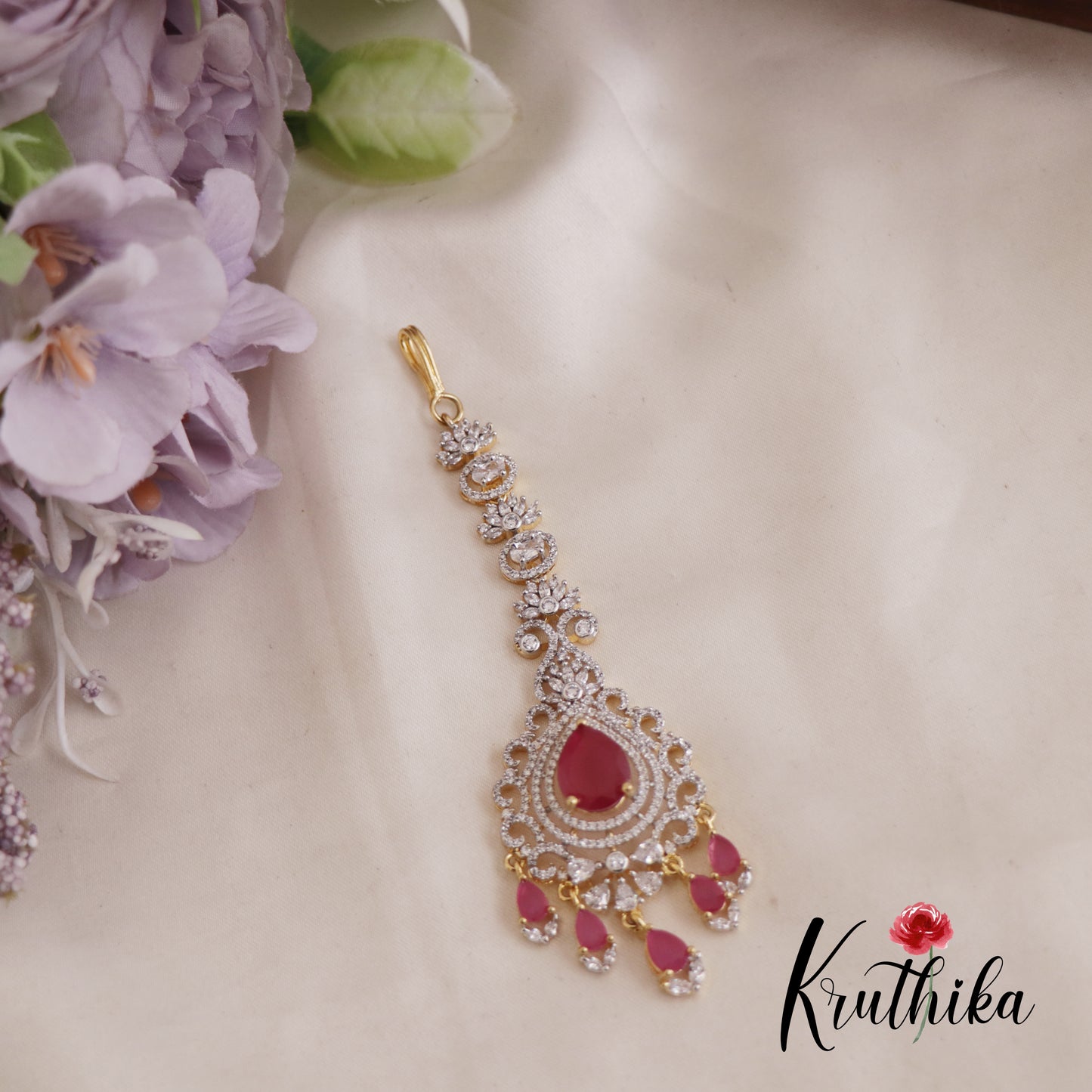 Beautiful CZ Floral Teardrop Motifs Maang Tikka MT323 (Available In 3 Colors)