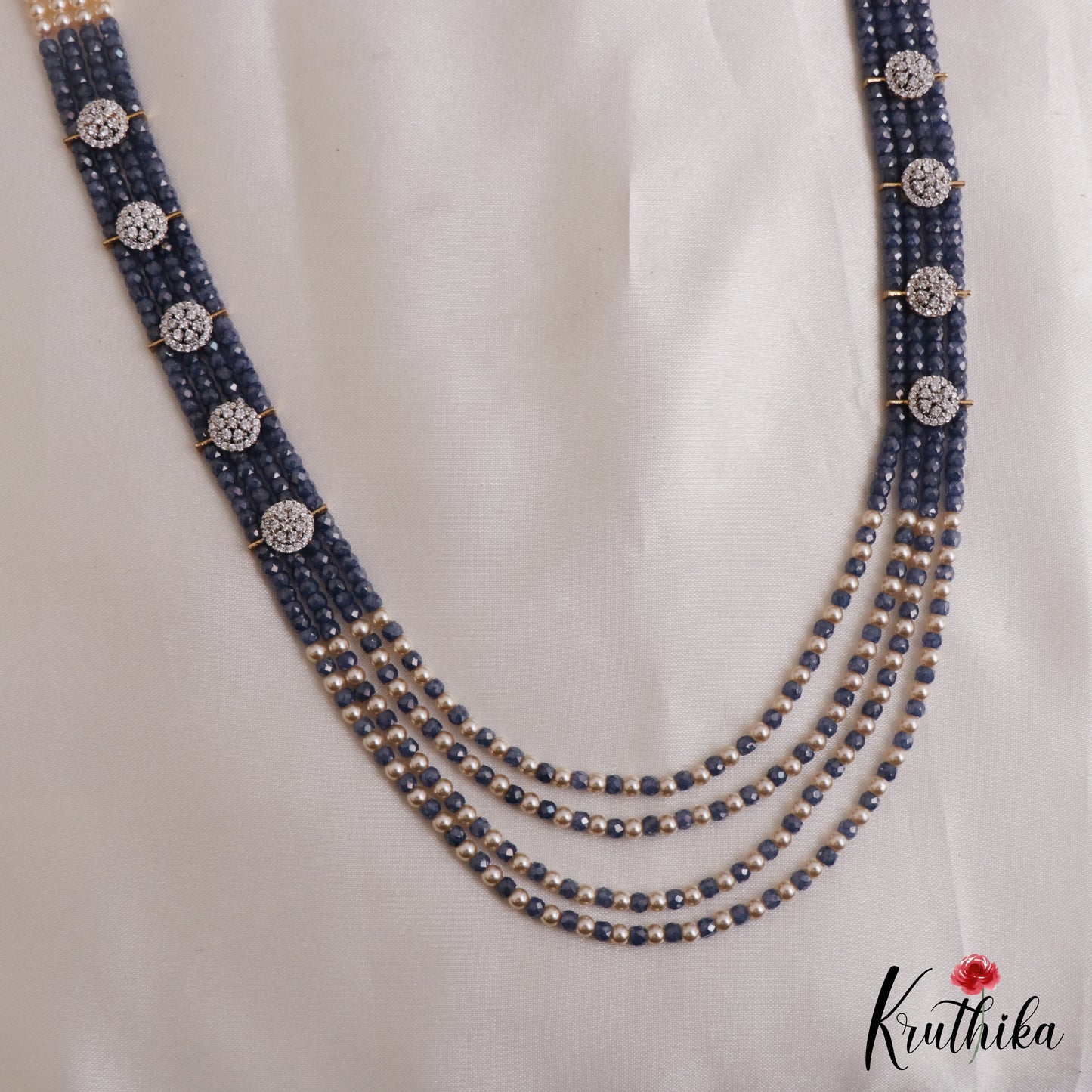 Sparkling Multi Layered Crystal & Pearl Haaram With Floral Accents LH2127 (Available In 7 Colors)