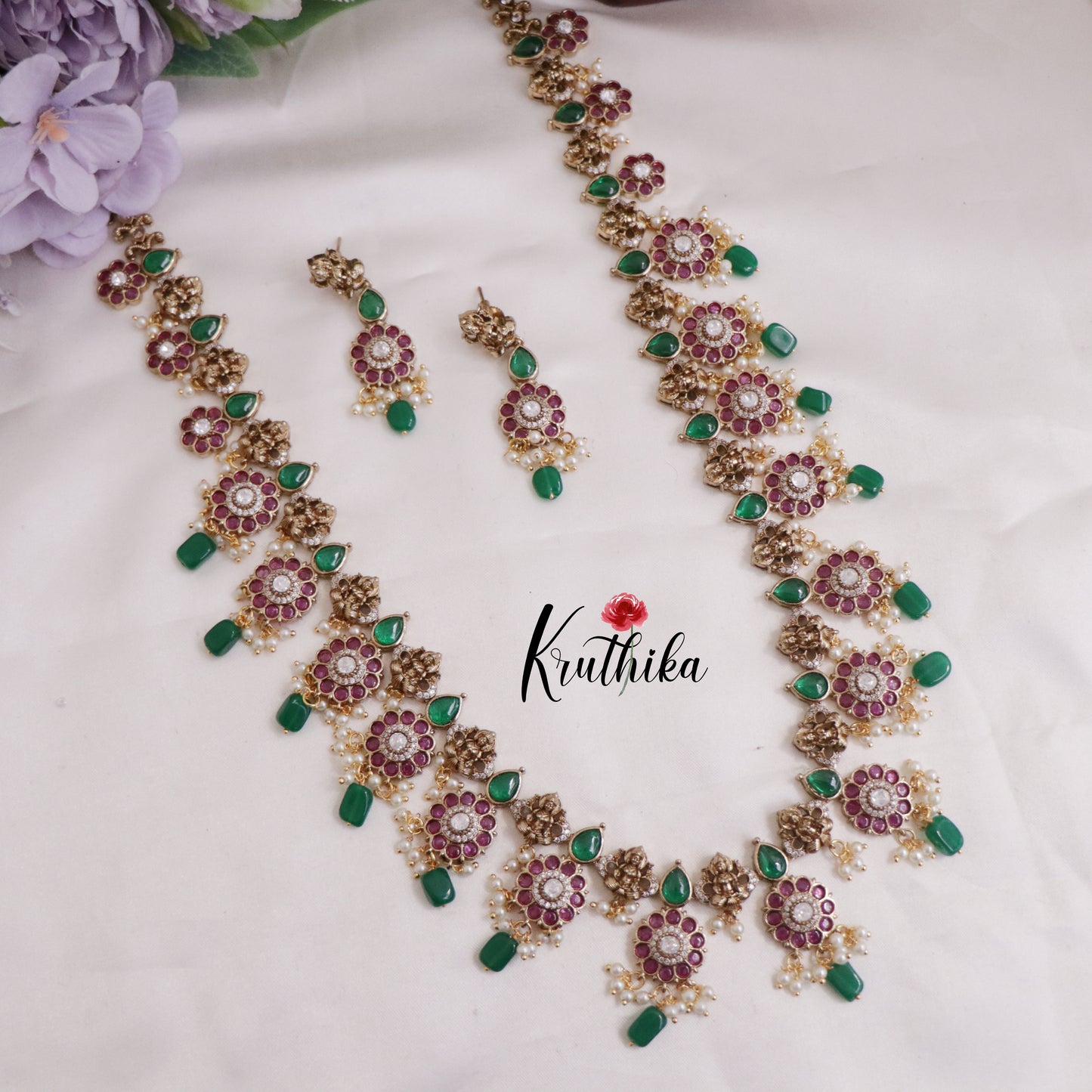 Beautiful AD Floral Haram with Beads Drops LH1981 (Available in 3 Colours)