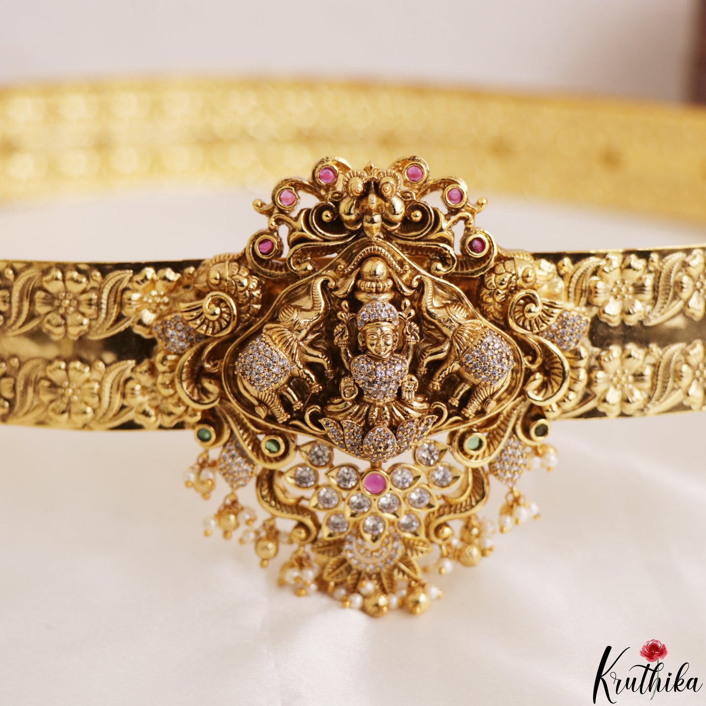 Gorgeous Antique Nagas Lakshmi Elephant Motifs Hip Belt With Pearl Bead Drops V390