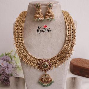 Royal Two layer No-Idol Jadau Floral Haaram with Pastel Green Drops LH1897