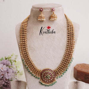 Premium Three Layer Jadau Floral Haaram with Pastel Green Beads LH1898