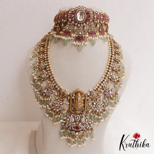 Pre-Order - Stunning Lord Balaji Motifs Polki CZ Victorian Choker And Haaram Set NC3081 - Pre-Order (Shipping starts from 10th Aug)