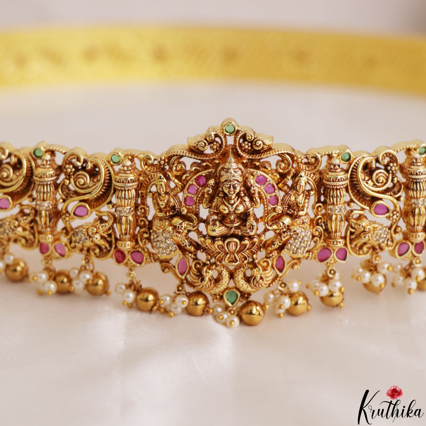 Stunning Antique Nagas Lakshmi Peacock Motifs Hip Belt With Pearl Bead Drops V391