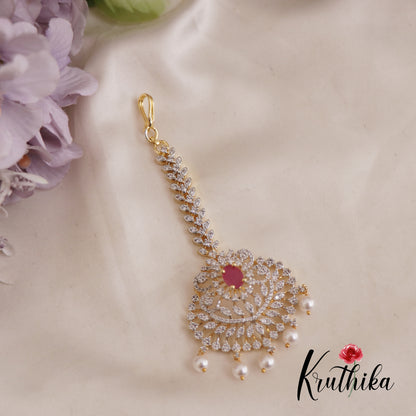 Classic CZ Leaf Motifs Maang Tikka With Pearl Drops MT324 (Available In 3 Colors)