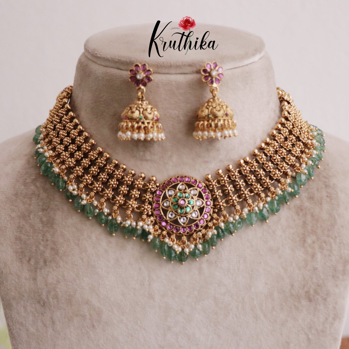 Premium Three Layer Jadau Floral Necklace with Pastel Green Beads NC2047