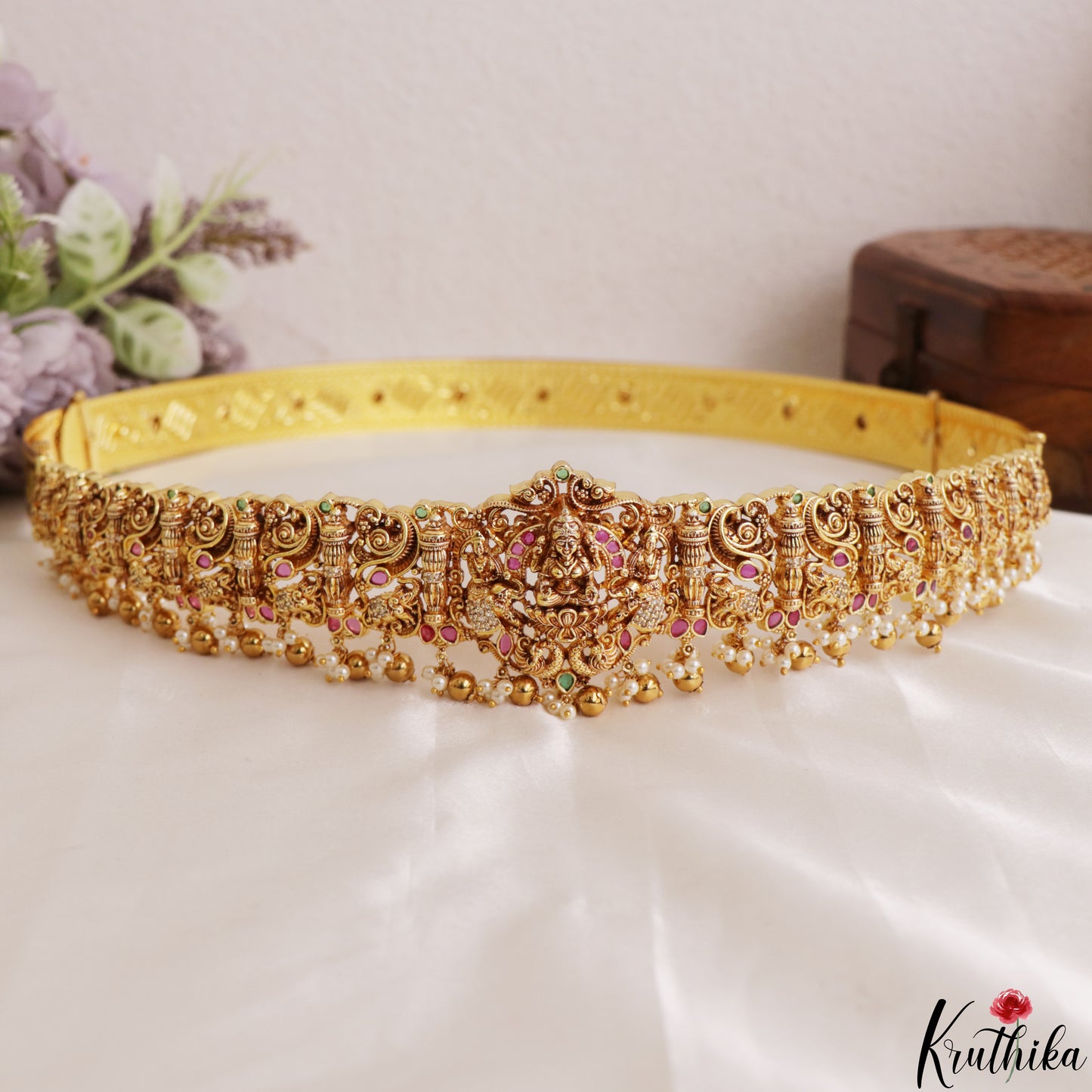 Stunning Antique Nagas Lakshmi Peacock Motifs Hip Belt With Pearl Bead Drops V391
