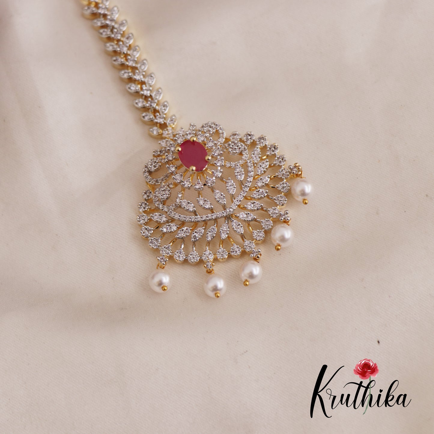 Classic CZ Leaf Motifs Maang Tikka With Pearl Drops MT324
