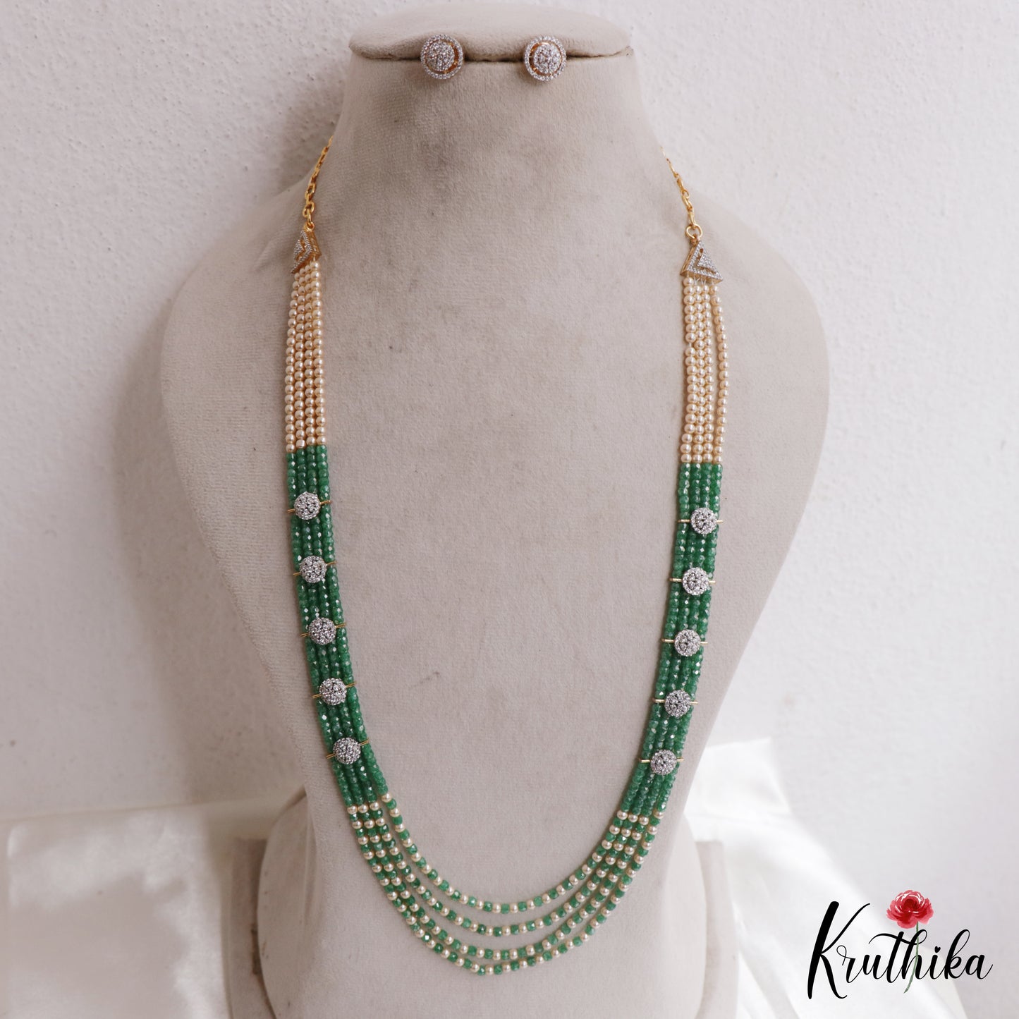 Sparkling Multi Layered Crystal & Pearl Haaram With Floral Accents LH2127 (Available In 7 Colors)