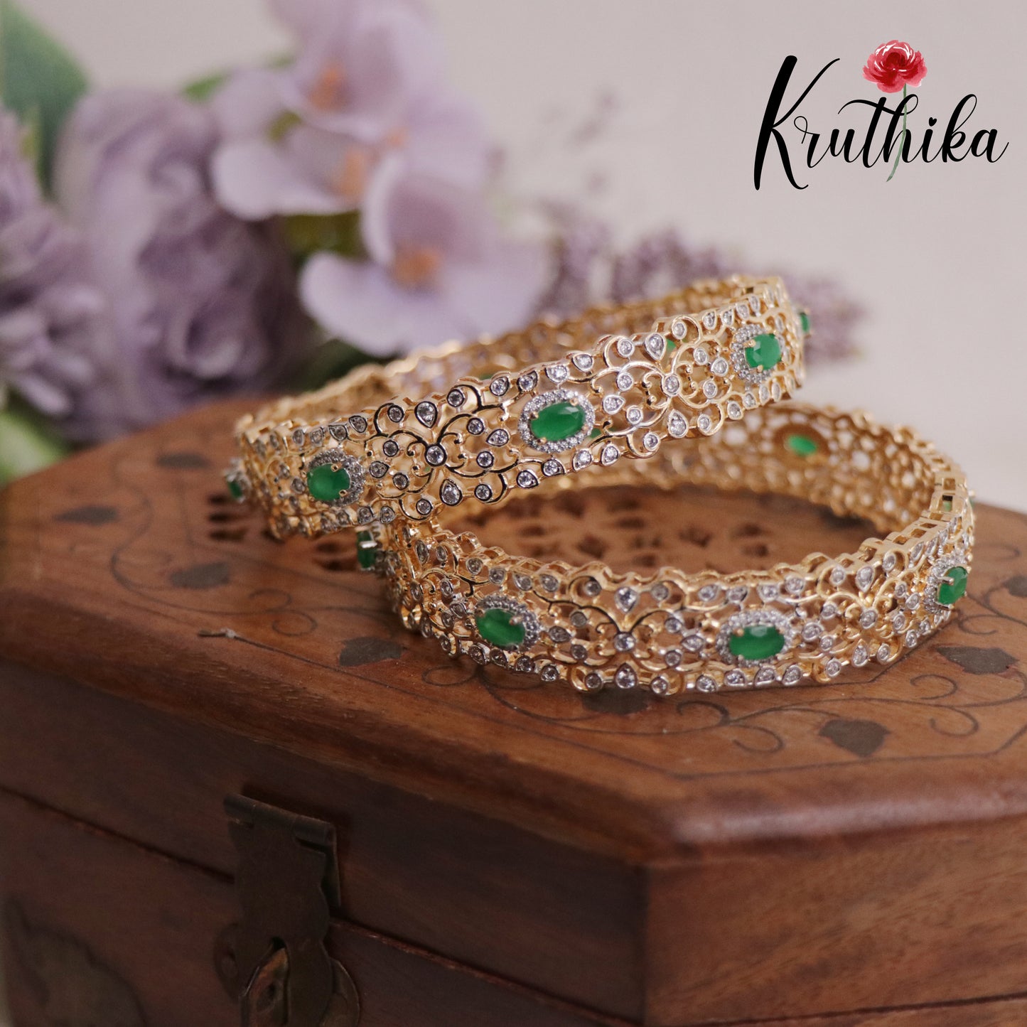 Beautiful AD Floral Emerlad Victorian Bangles B304 (Set of 2 Bangles)