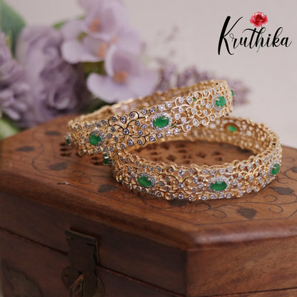 Beautiful AD Floral Emerlad Victorian Bangles B304 (Set of 2 Bangles)