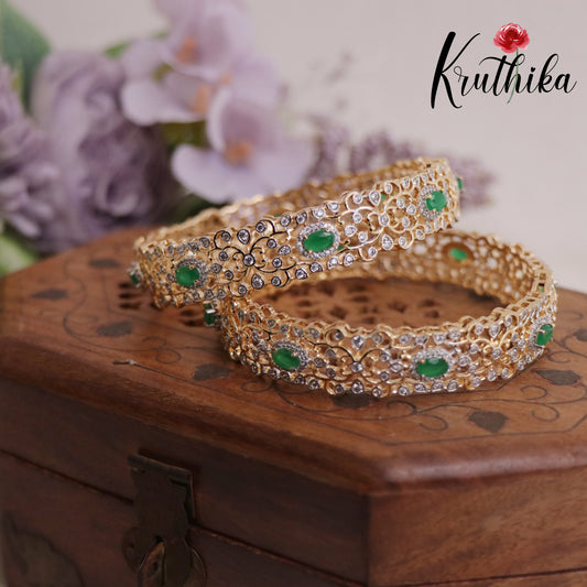Beautiful AD Floral Emerlad Victorian Bangles B304 (Set of 2 Bangles)