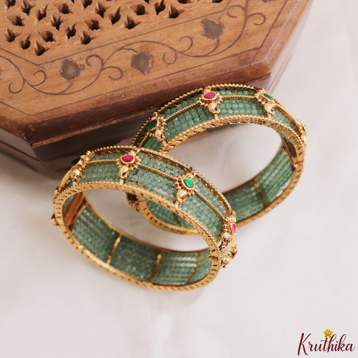 Premium Jadau stones pastel beads peacock bangles B599